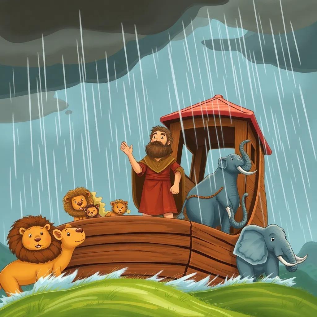 Noah, a man in ancient clothing, standing on a large wooden ark with animals like lions and elephants around him, rain falling heavily from dark clouds, hopeful expression, illustration, dramatic lighting, adventurous scene, high quality
