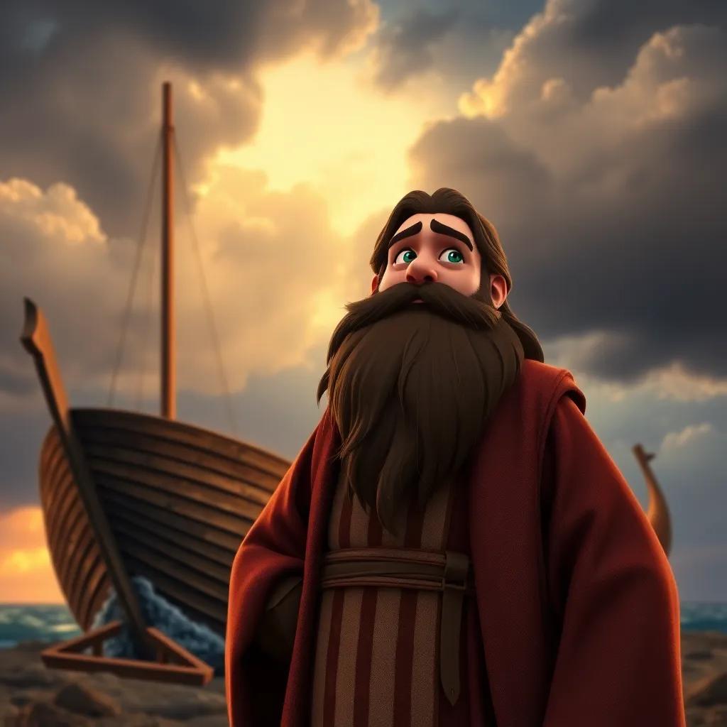 A wise prophet, Noah, with a long beard and flowing robes, standing near a large wooden ship under a dark, cloudy sky, looking determined and hopeful, digital art, vibrant colors, dramatic atmosphere, high quality