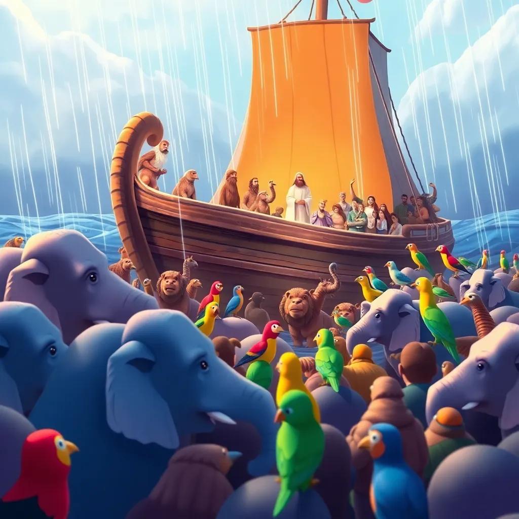 Noah speaking to animals, a herd of elephants and colorful birds gathered around the big ship, with rain starting to fall, scene full of energy and kindness, illustration, vivid and bright, engaging imagery, child-friendly