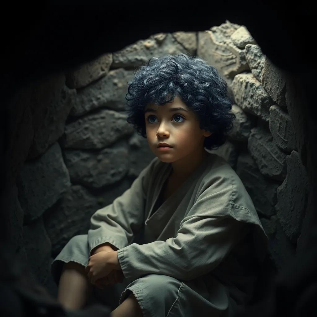 A young Arab boy, Yusuf, with curly black hair, wearing a simple tunic, sitting inside a dark well, looking thoughtful, surrounded by darkness, digital art, detailed, emotional atmosphere, high quality