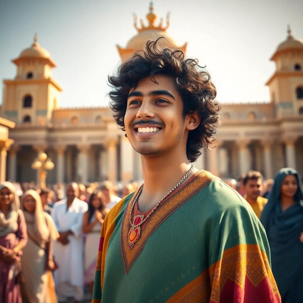 A young Arab man, Yusuf, with curly black hair, wearing a colorful tunic, standing in front of a grand palace in Egypt, smiling and speaking to a crowd of people, sun shining, vibrant colors, cheerful atmosphere, high quality