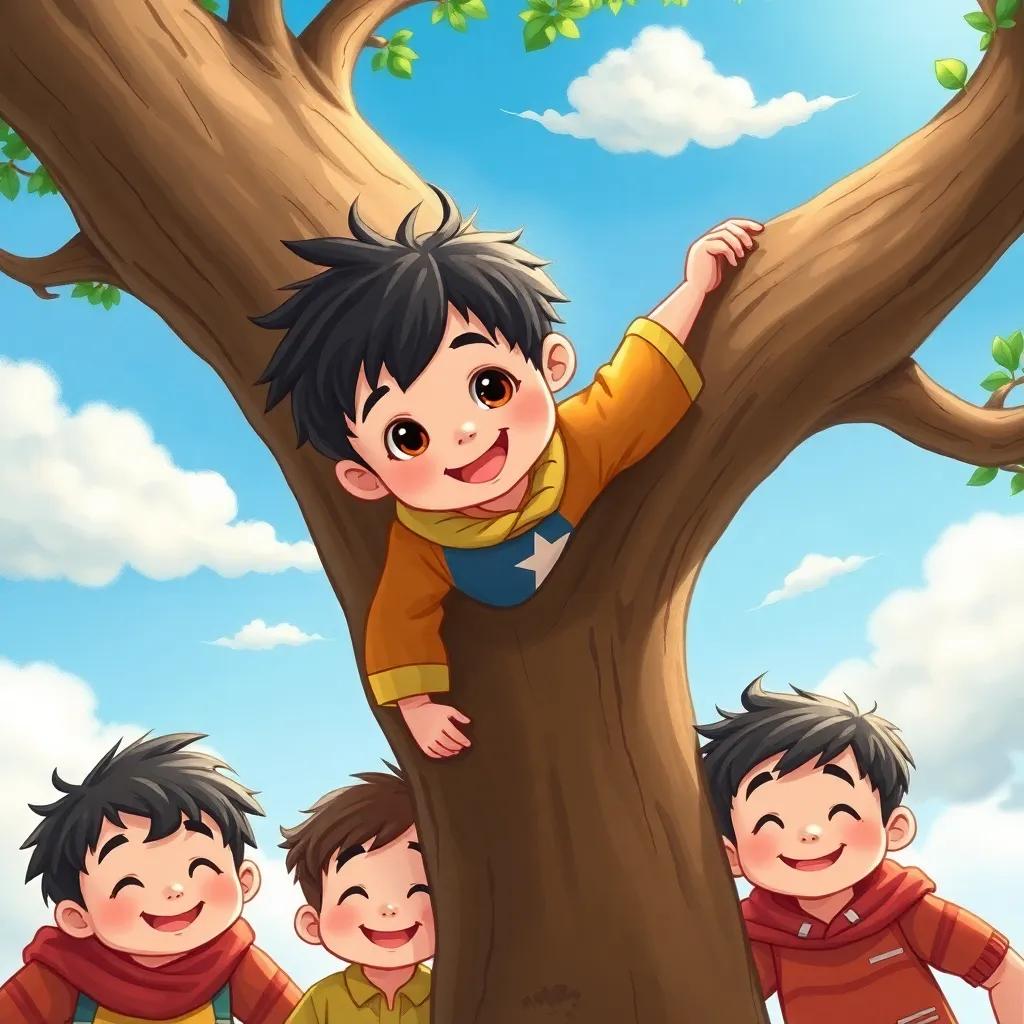 A young boy, يوسف, with dark hair in colorful clothes, climbing a tree with his smiling brothers below him, bright blue sky and fluffy white clouds, playful scene, illustration, cheerful, child-friendly, high quality