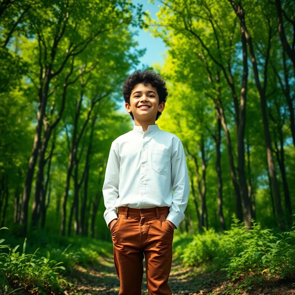A young Arab boy, يوسف, with curly black hair, wearing a simple white shirt and brown pants, standing in a beautiful green forest, smiling brightly at the blue sky, digital art, vibrant colors, cheerful atmosphere, high quality