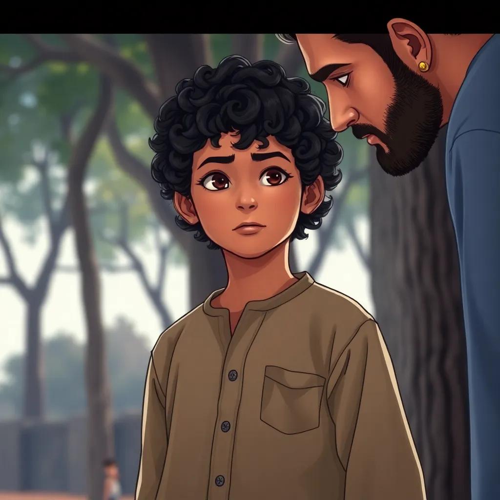 يوسف, a young Arab boy with curly black hair in a simple shirt, standing courageously, facing his older brother with determination in his eyes, surrounded by trees, emotional tension, dramatic lighting, high-quality illustration