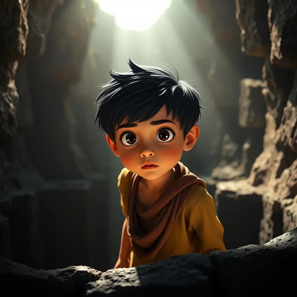 A young boy, Yusuf, looking determined, standing at the edge of a deep well, with sunlight shining above, dramatic lighting, suspenseful mood, strong focus, symbolic imagery, high quality