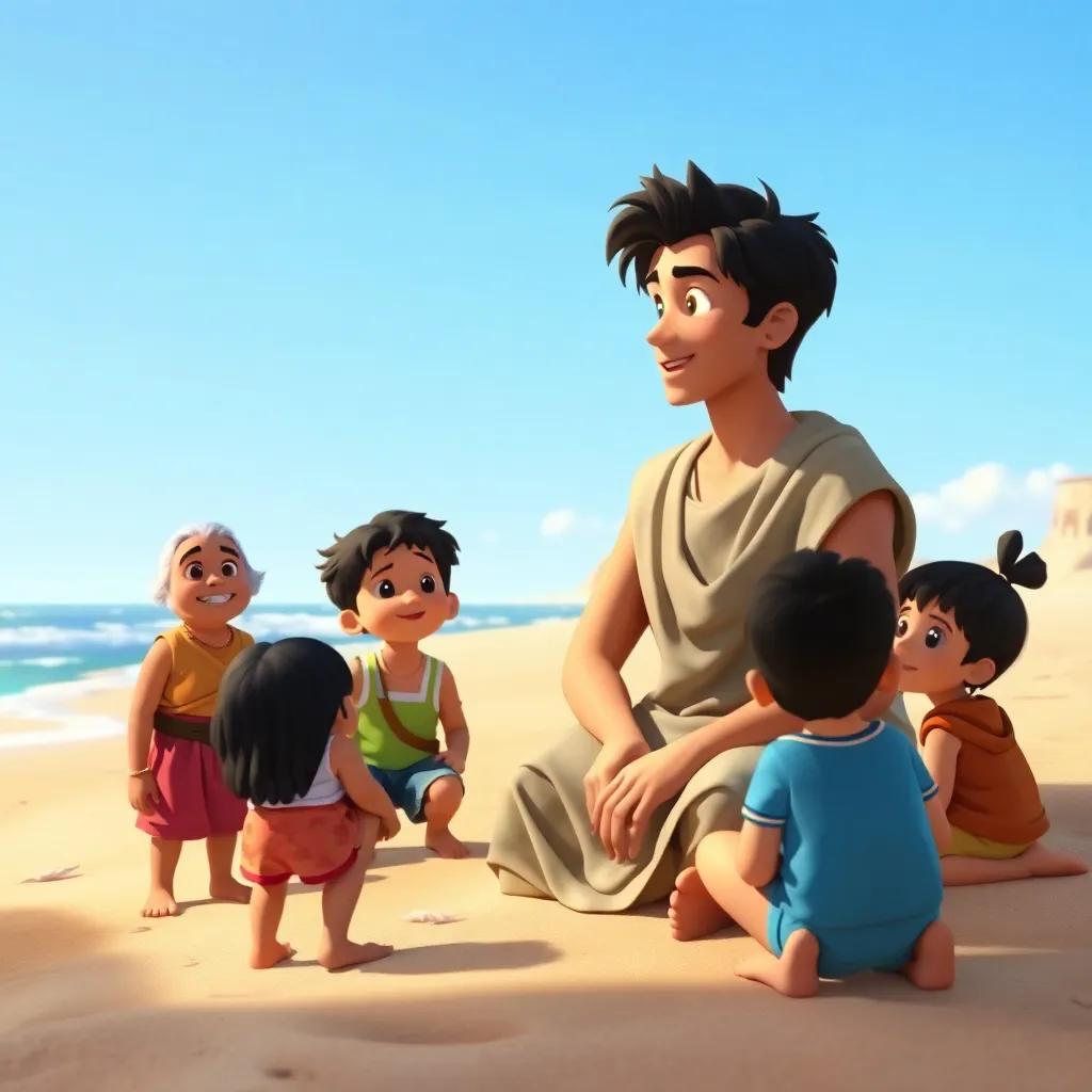 A young man, Yunus, with dark hair wearing a simple tunic, sitting on a sandy shore, speaking to a group of curious children, sunny day, cheerful and inviting atmosphere, digital art, bright colors, engaging view, high quality