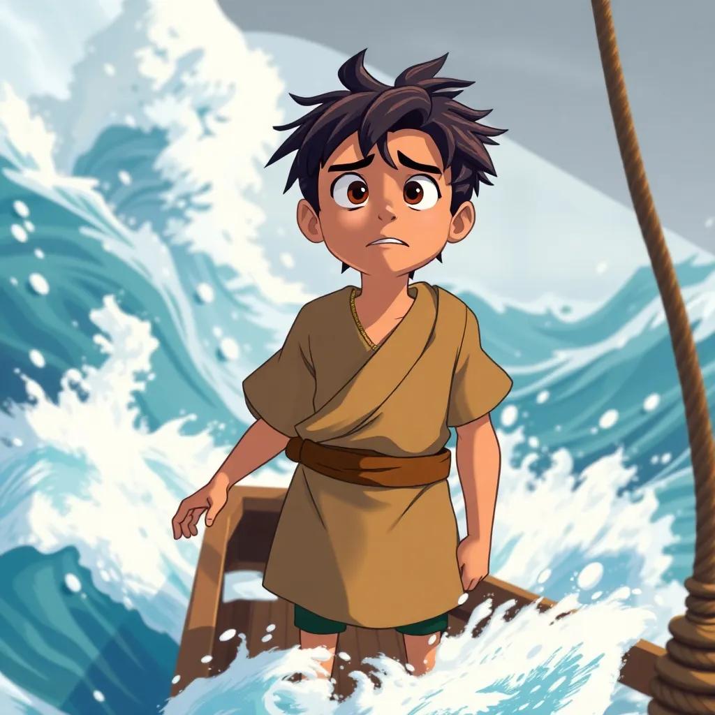 A young man, Yunus, with dark hair wearing a simple tunic, standing on a small ship, looking worried as strong winds swirl around, waves crashing, expressing tension, colorful illustration, adventure-themed, high quality