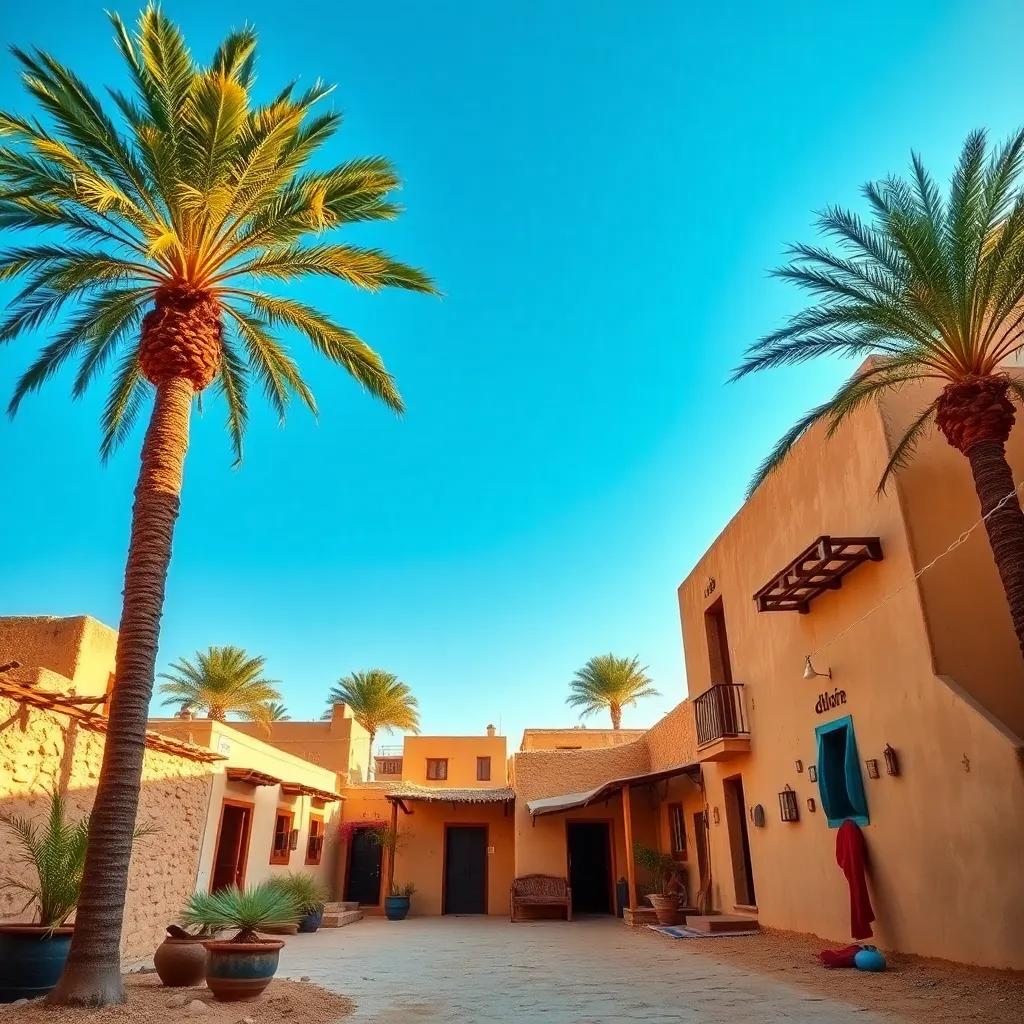 A small Egyptian village called Kom El Dekka, with traditional houses, palm trees, and a blue sky, vibrant and lively, digital art, warm colors, inviting atmosphere, high quality