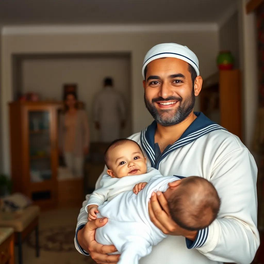 A proud father named Darwish, a Middle-Eastern man in his 30s, wearing a simple sailor's outfit, holding a baby named Sayed, with a joyful smile, in a cozy home setting, colorful, family warmth, high detail, storytelling perspective