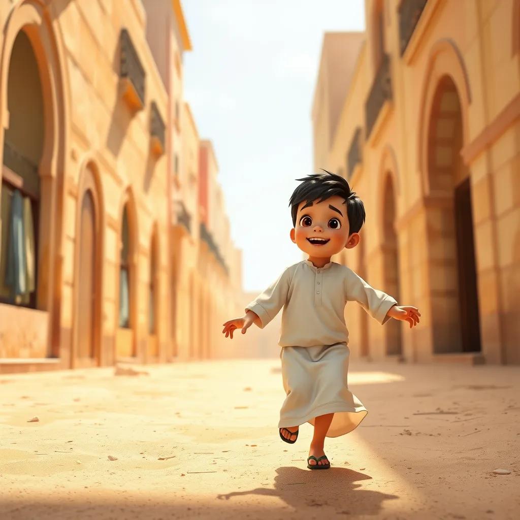 A young Arab boy, Muhammad, with short black hair, wearing a simple white thobe, playing in a sandy street of Mecca, full of bright sunlight, joyful atmosphere, digital art, vibrant colors, warm light, happy perspective, high quality