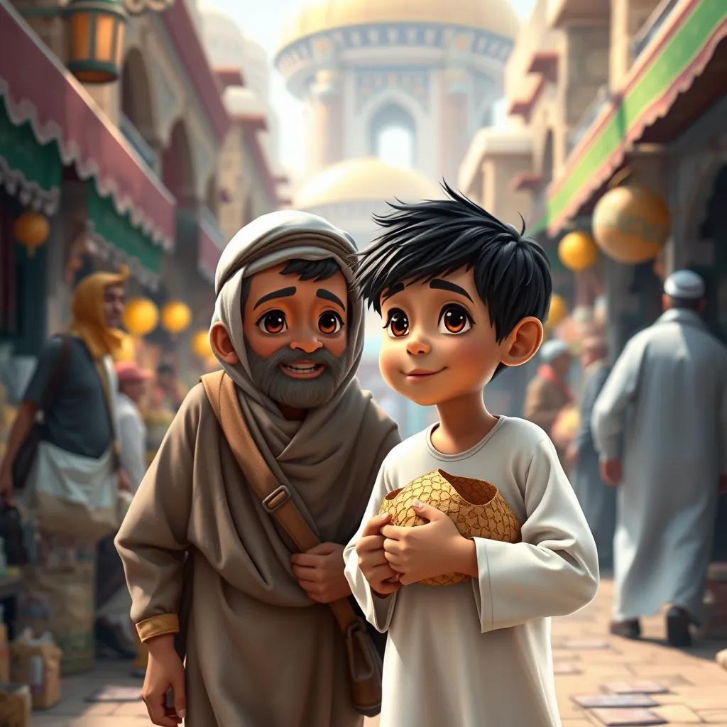 A young Arab boy, Muhammad, with short black hair, wearing a simple white thobe, helping an old man carry goods in Mecca, surrounded by market stalls, bustling atmosphere, colorful, detailed, child-friendly scene, realistic, heartwarming perspective