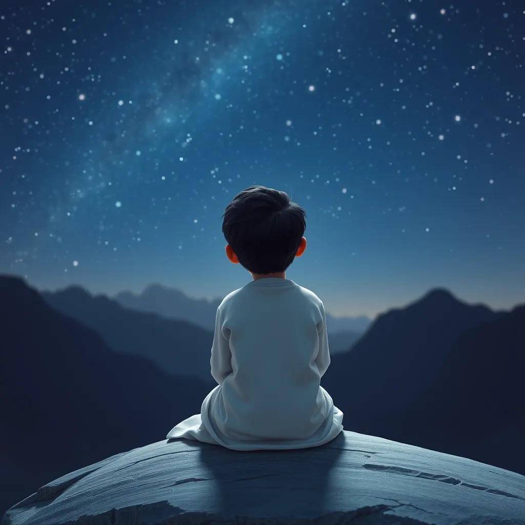A young Arab boy, Muhammad, with short black hair, wearing a simple white thobe, sitting on a rock at the mountain of Noor, looking thoughtful as he gazes at the stars, serene night sky, gentle light, peaceful, reflective perspective, high quality
