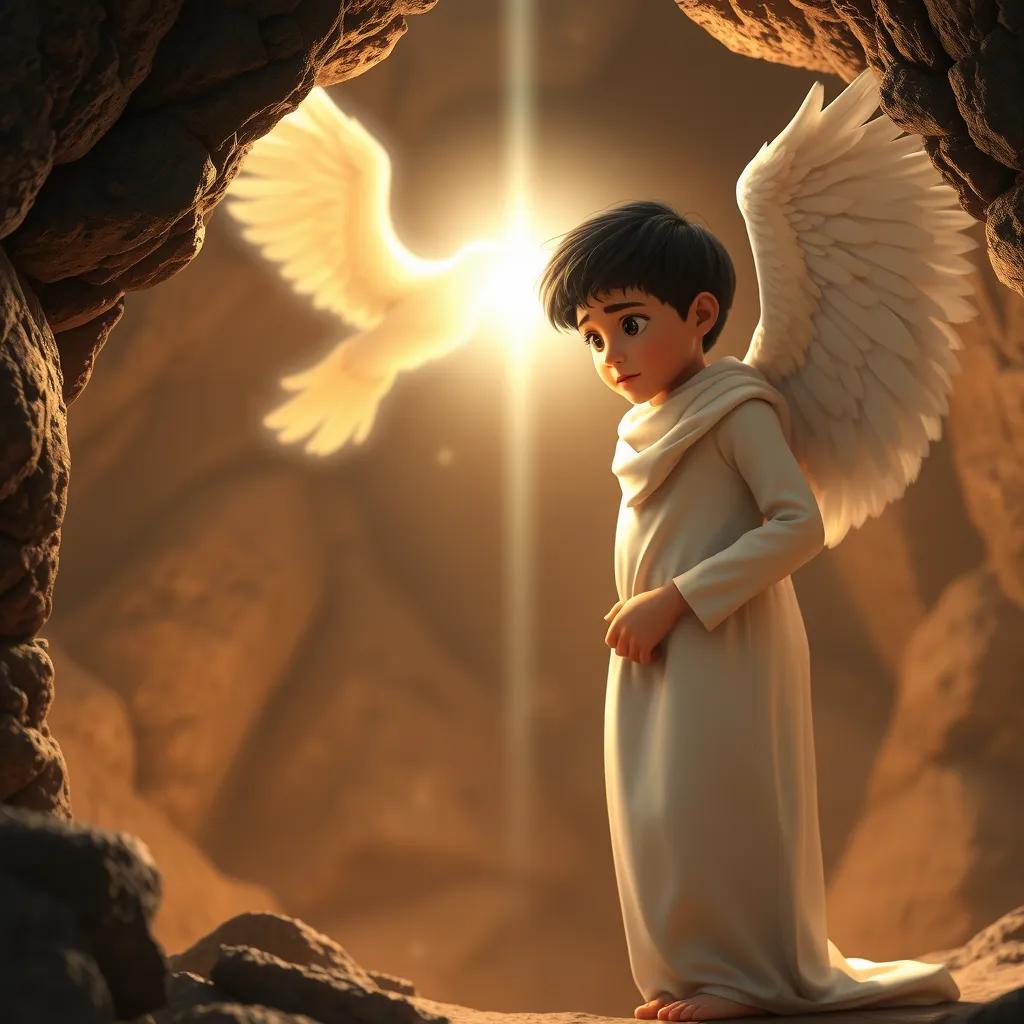 An angel, Gabriel, appearing to Muhammad, a young Arab boy with short black hair in a white thobe, surrounded by a glowing light in a cave, mystical atmosphere, beautiful, illuminating, dreamlike view, digital art, high quality