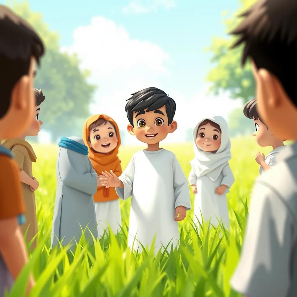 A group of people gathered around Muhammad, a young Arab boy with short black hair in a white thobe, sharing a message of kindness and faith in a lush green field, bright day, cheerful, community spirit, child-friendly, colorful, uplifting view