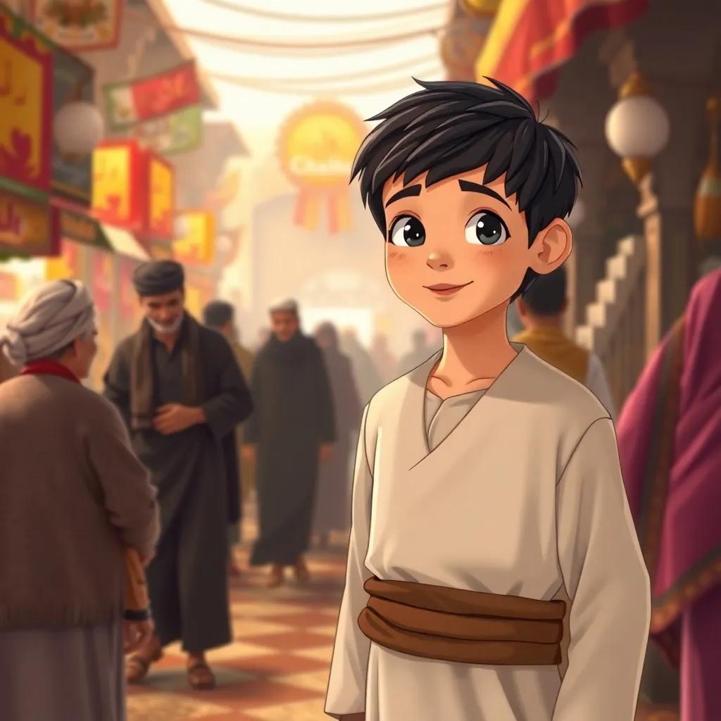 A young Arab boy, Muhammad, with short black hair wearing a simple robe, standing in a lively marketplace in Mecca, helping elderly people, cheerful atmosphere, digital art, warm colors, inviting scene, high quality