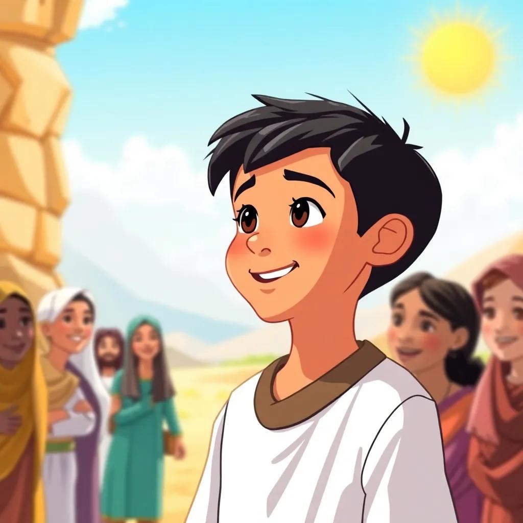 Muhammad, a young Arab boy with short black hair in a simple robe, speaking confidently to a group of diverse people in a sunny landscape, encouraging kindness and compassion, vibrant illustration, hopeful light, joyful perspective, high quality