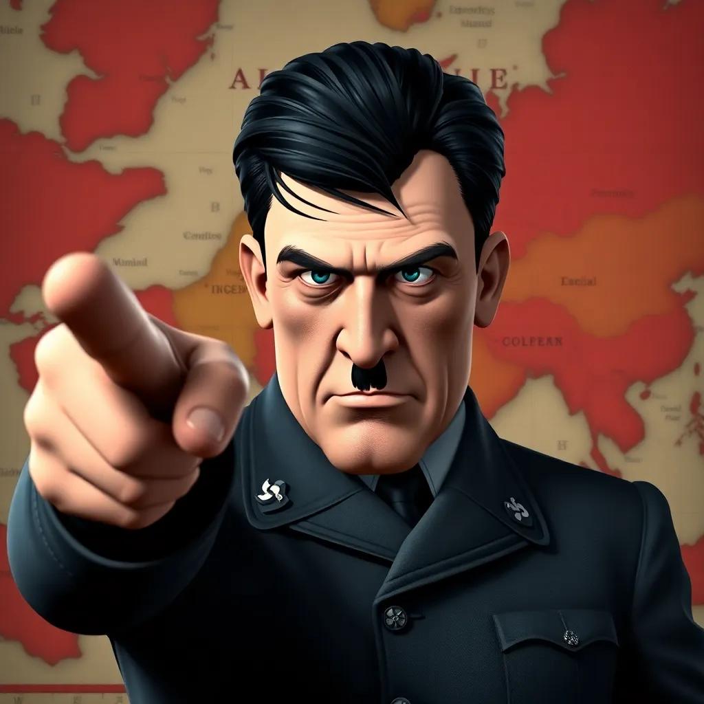 A powerful male figure, Hitler, with dark hair and a confident expression, wearing a military uniform, standing in front of a large map, pointing decisively, detailed digital art, strong colors, dramatic lighting, high quality