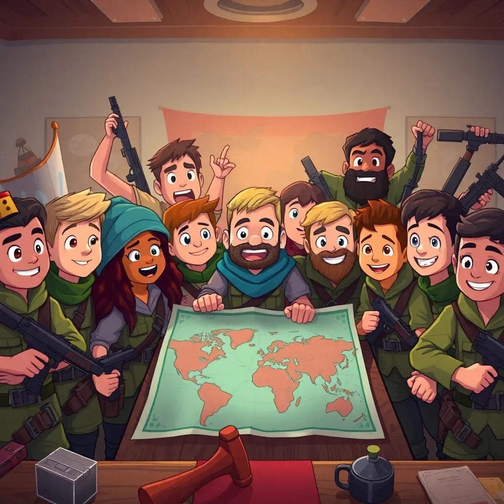 A group of brave soldiers with diverse backgrounds, united and determined, rallying together in a war room with maps and weapons around them, illustration, dynamic, emotional atmosphere, child-friendly