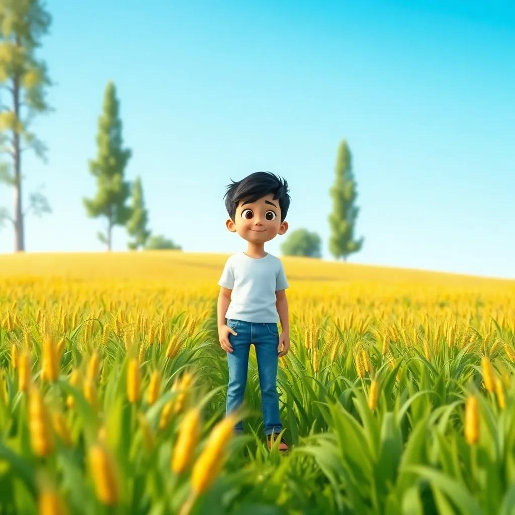 A young boy, Mazen, with short black hair wearing a simple white shirt and blue jeans, standing in a green field with golden wheat and tall trees, looking amazed, under a clear blue sky, vibrant colors, cheerful atmosphere, high quality
