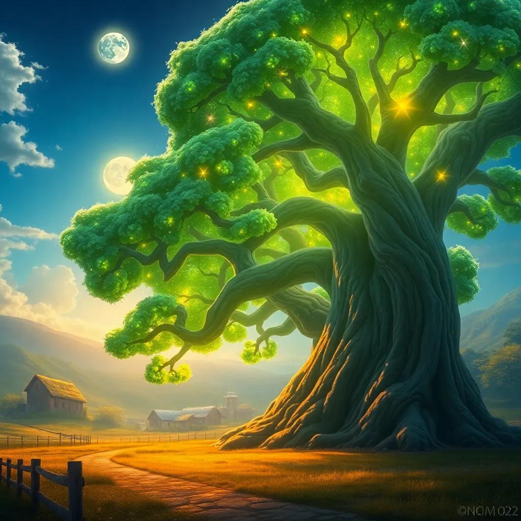A huge magical tree, with a thick trunk and sparkling emerald leaves, in the middle of a rural landscape, shining under the moonlight, enchanting and mystical, fairy tale style, warm light, uplifting scene, high detail