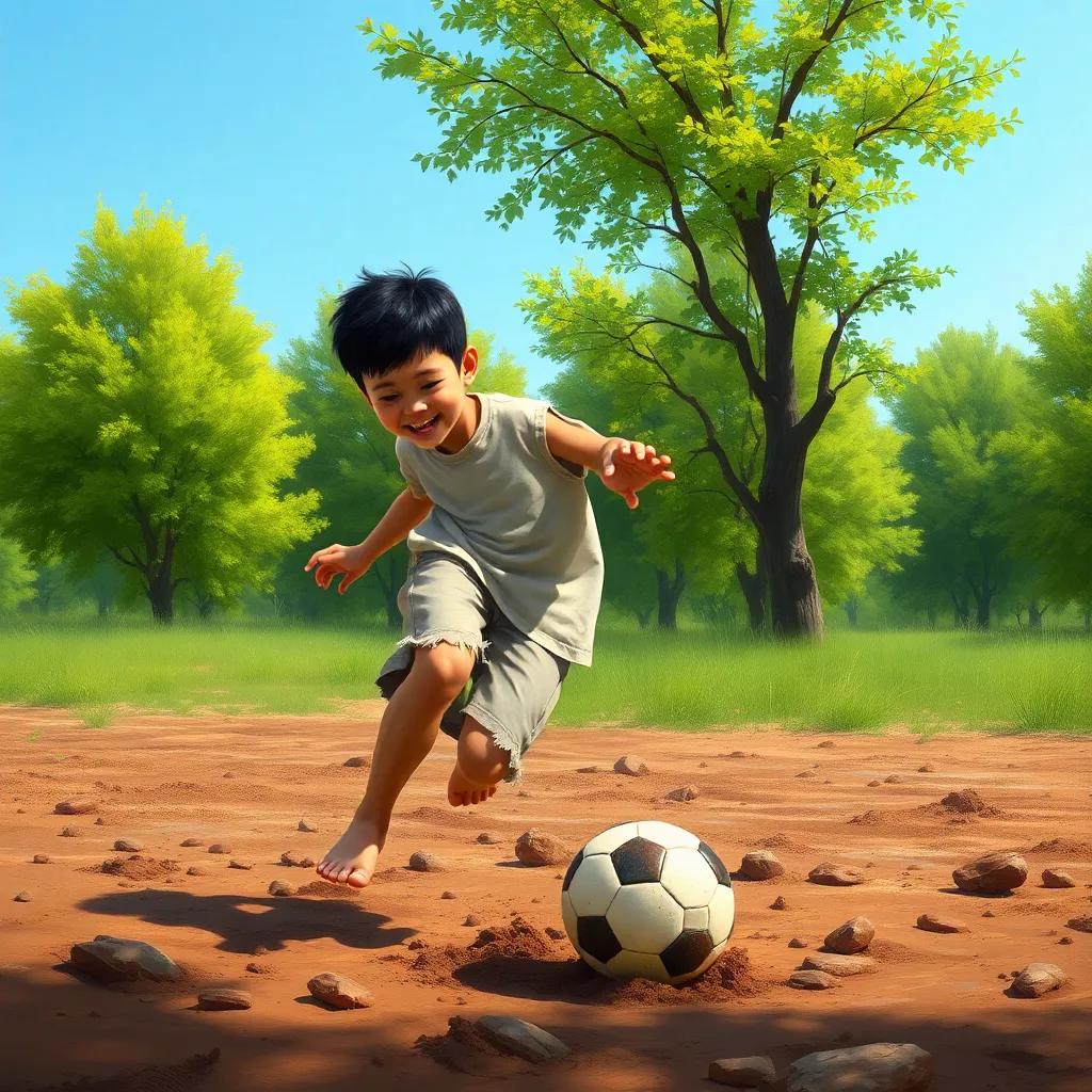 A young Arab boy, Shorouk, with short black hair, wearing torn shorts and a plain t-shirt, joyfully kicking a makeshift ball in a muddy field surrounded by green trees, a bright sunny day, digital art, cheerful atmosphere, vibrant colors, high quality