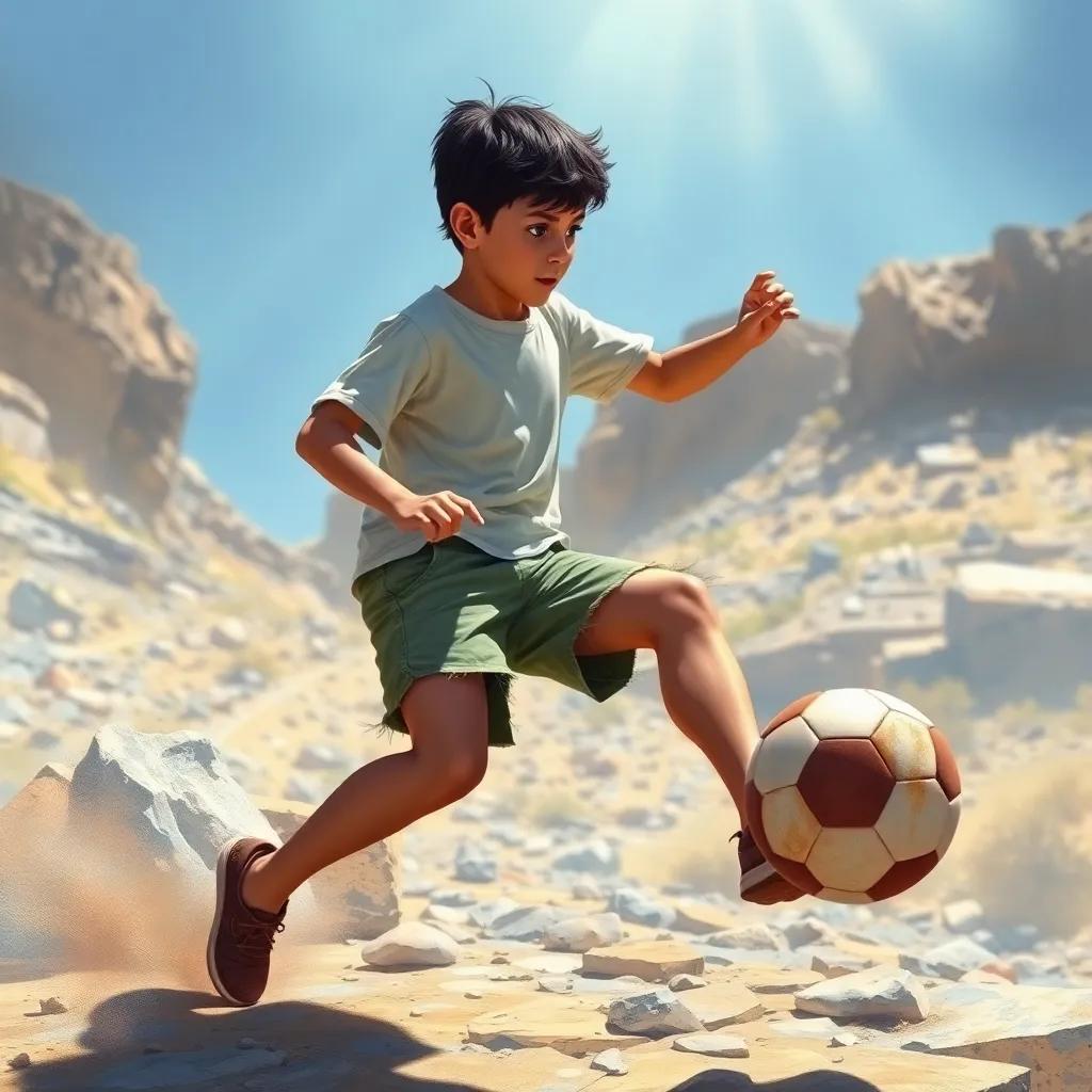 An Arab boy, Shorouk, with short black hair, wearing torn shorts and a plain t-shirt, demonstrating speed and control with a soccer ball on a rocky ground, sunlight shining down, vivid colors, high-quality illustration