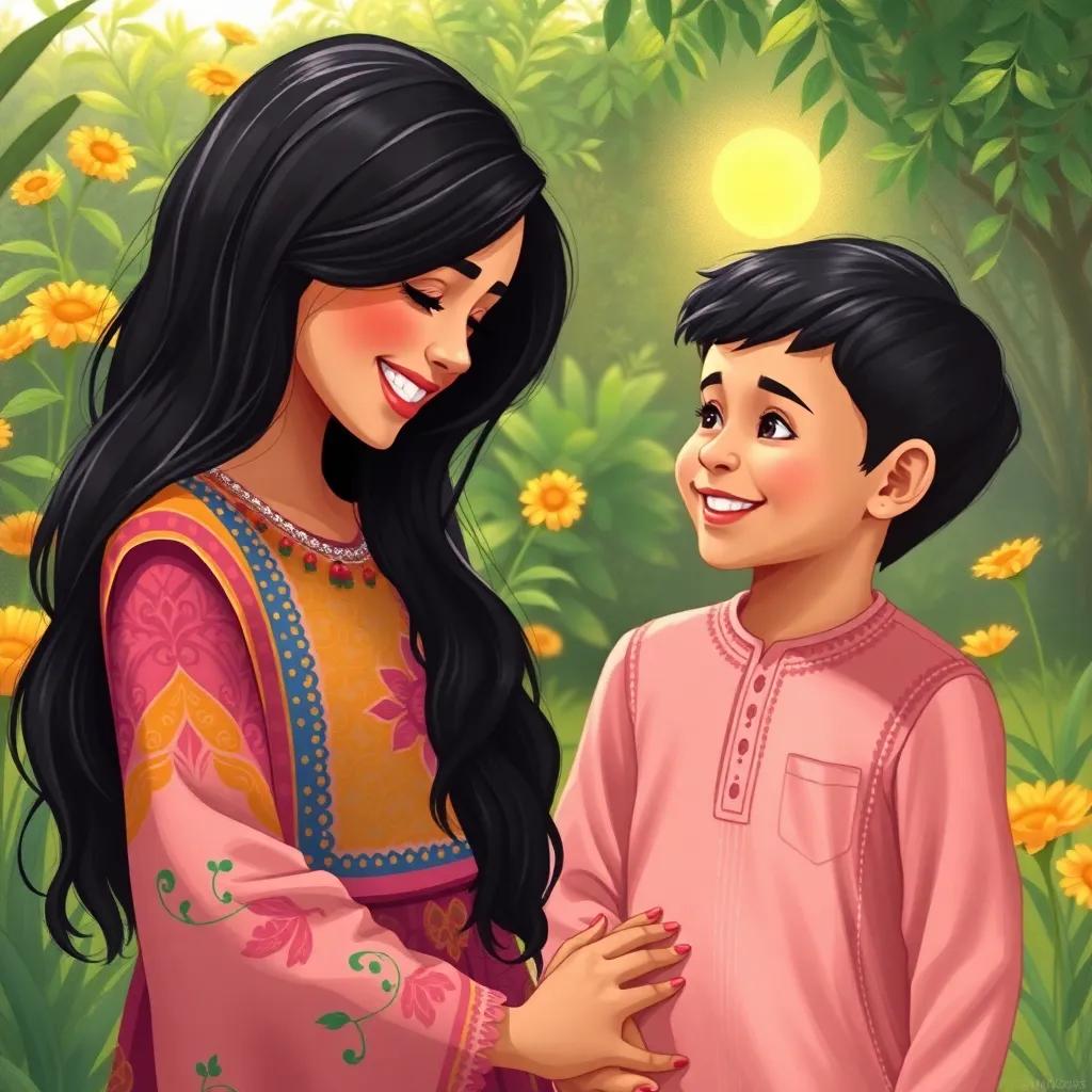 Shamsa, a young Omani girl, with long black hair, wearing a colorful dress, smiling at her brother Nasir, joyful interaction in the garden, bright sun shining, illustration, warm and inviting