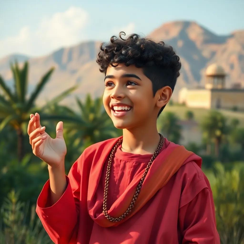 Nasir, a young Omani boy, with short curly hair, wearing a traditional dishdasha, excitedly speaking about their love for Oman, surrounded by nature, bright colors, peaceful scenery, artstation