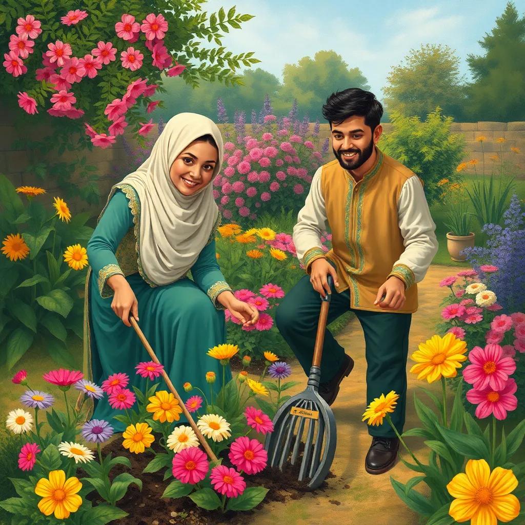 Shamsa planting flowers in the garden while Nasir collects litter, both smiling and working together, beautiful garden setting, vibrant illustration, inspirational