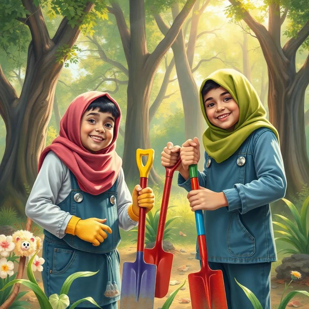 Nasir and Shamsa inviting their friends to join in their cleaning project, cheerful expressions, colorful gardening tools in hand, sunlight filtering through trees, lively art