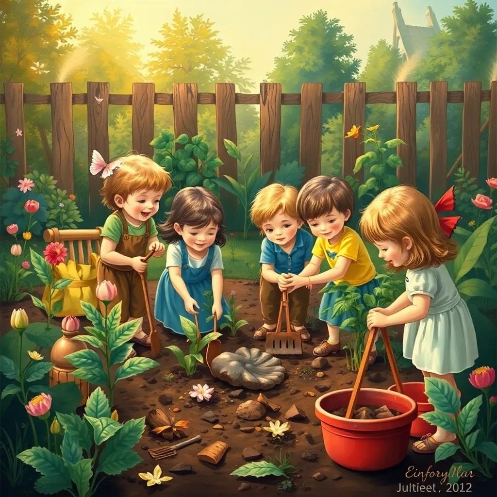 A group of children working together in the garden, planting and cleaning, showing unity and teamwork, cheerful atmosphere, colorful scene, illustration