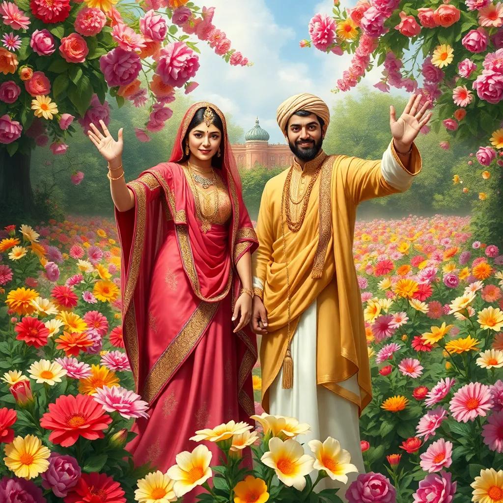 Shamsa and Nasir proudly standing in their beautiful garden filled with flowers, surrounded by happy friends, bright colors and triumphant poses, digital art, detailed