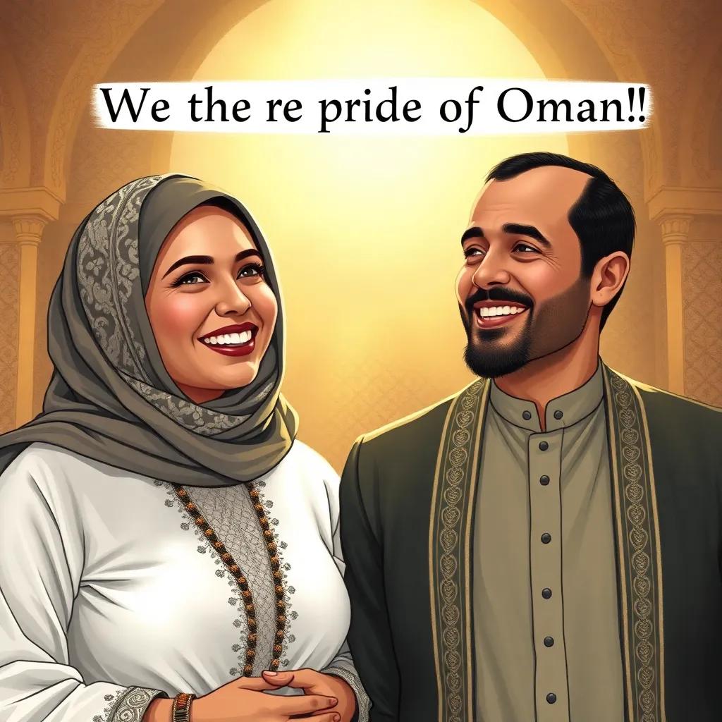 Shamsa with a beaming smile saying, "We are the pride of Oman!" while Nasir stands beside her, both expressing joy, warm light, community spirit, illustration