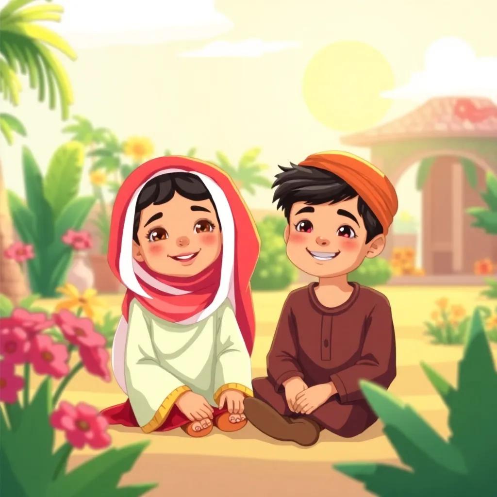A sunny day in Oman, two Omani children, Shamsa and Nasir, sitting together in a garden, cheerful atmosphere, vibrant colors, high detail, inviting scene, digital art