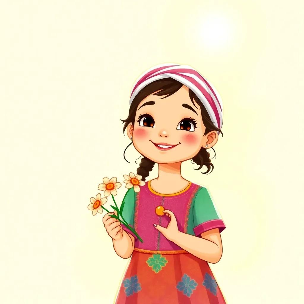 Shamsa, a young Omani girl, smiling with flowers in her hands, wearing a colorful traditional dress, bright sunlight illuminating her face, joyful setting