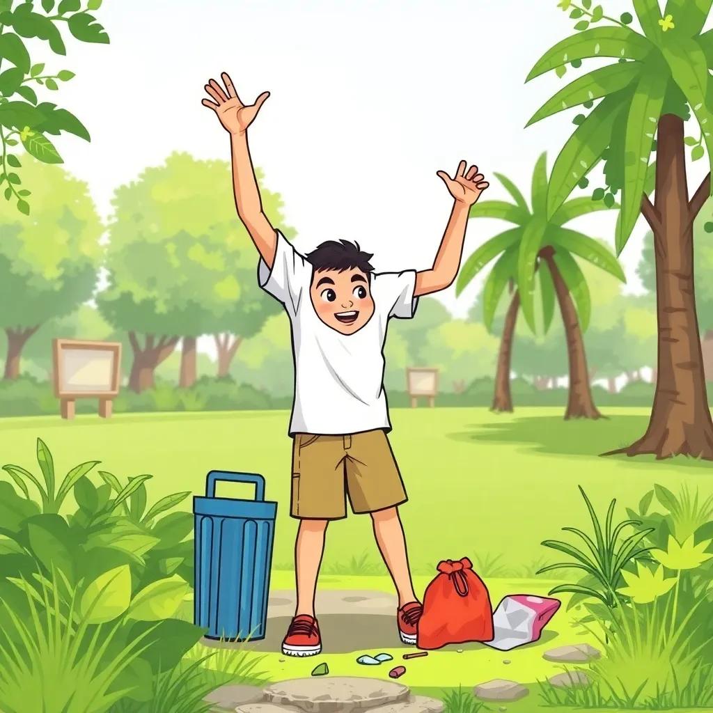 Nasir, a young Omani boy, enthusiastically picking up litter in a park, wearing a t-shirt and shorts, surrounded by greenery, energetic vibe, lively