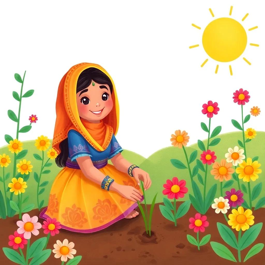 Shamsa planting flowers in a garden, wearing colorful traditional attire, smiling at her friends, with a sunny background, bright and cheerful