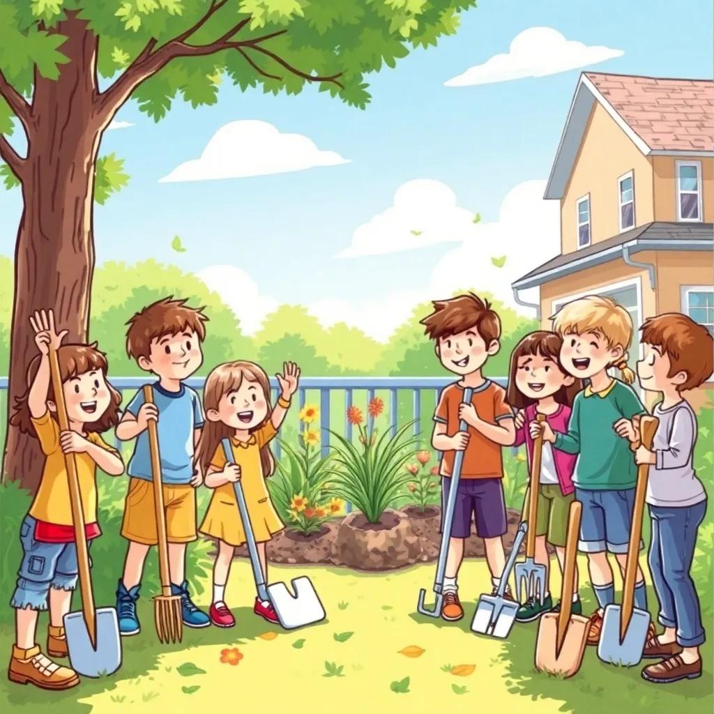 Children gathering with tools in hands, excited expressions, preparing to clean and beautify a neighborhood garden, teamwork spirit, bright sunny day