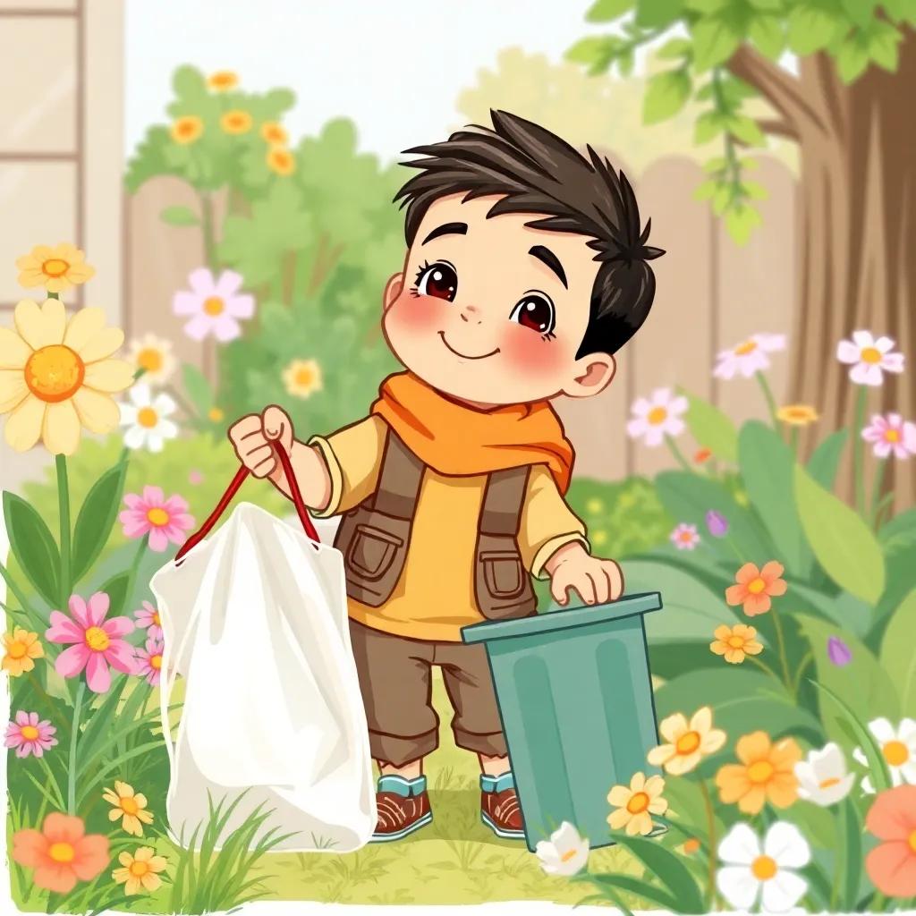 Nasir happily collecting trash in the garden, his expression focused, wearing a casual outfit, surrounded by flowers and greenery, childhood joy
