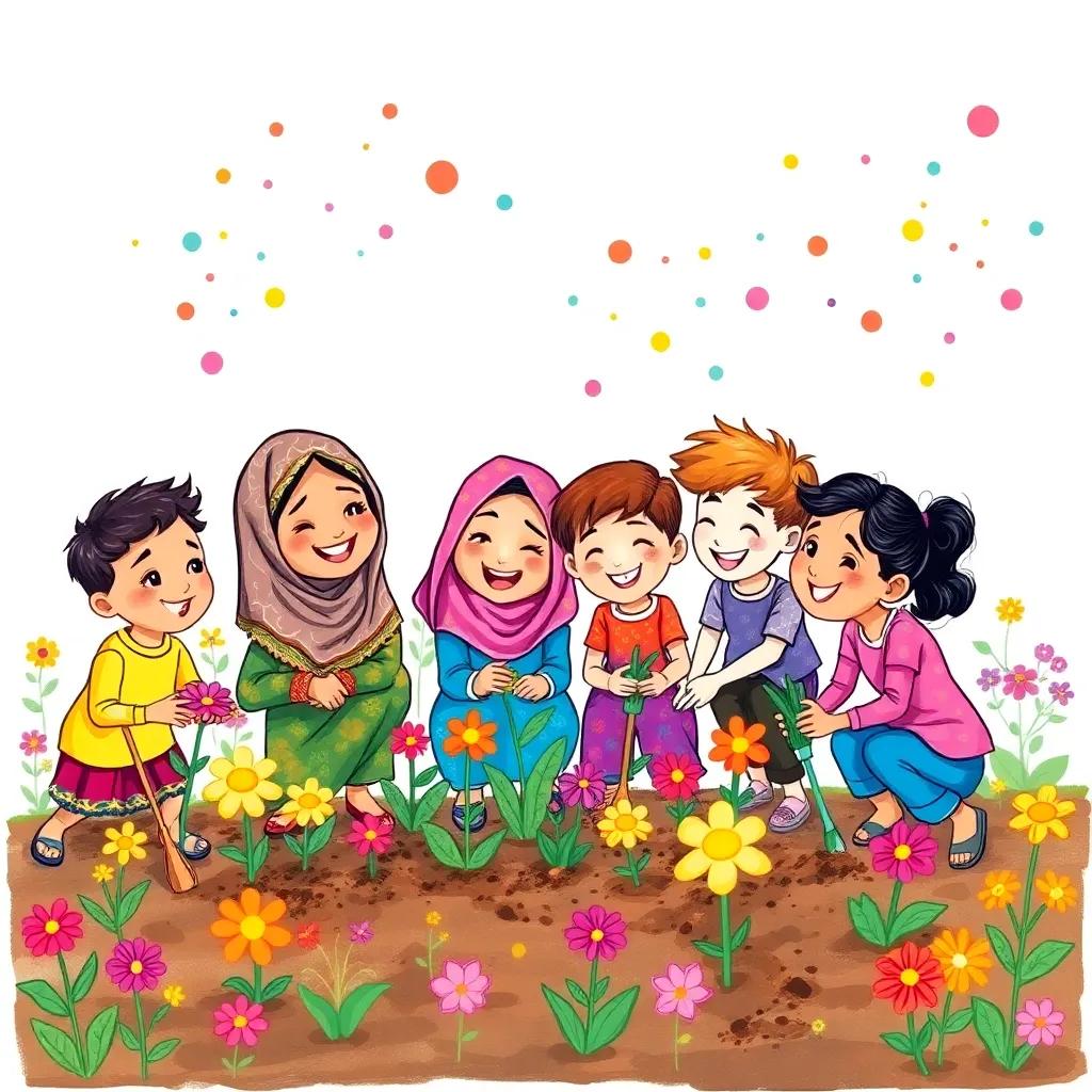 Shamsa and friends planting flowers, colorful and cheerful scene, everyone laughing and working together, vibrant colors in the air