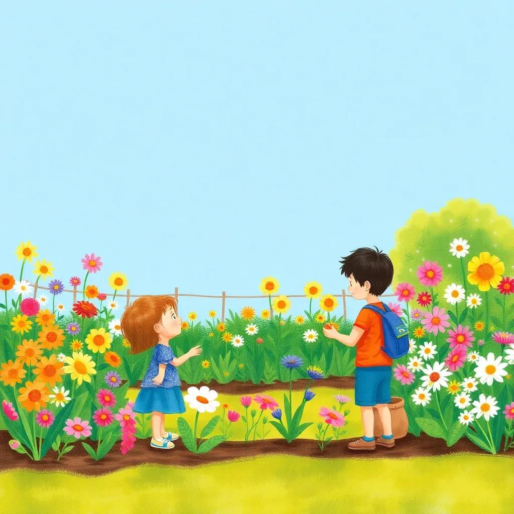 The transformed garden full of blooming flowers, children admiring their work, bright blue sky, celebration of nature's beauty, warmth