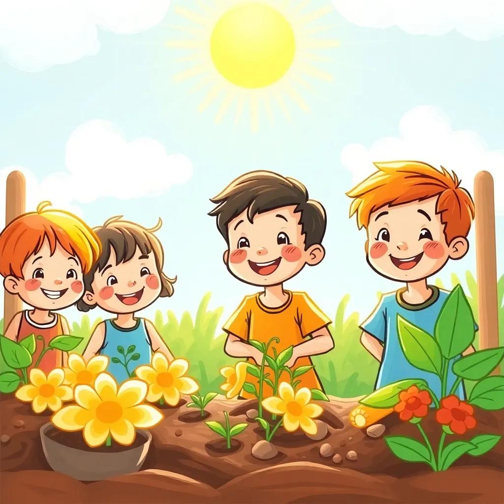 Children smiling in the garden, proud of their efforts, bright sunlight shining, the scene radiating happiness and accomplishment