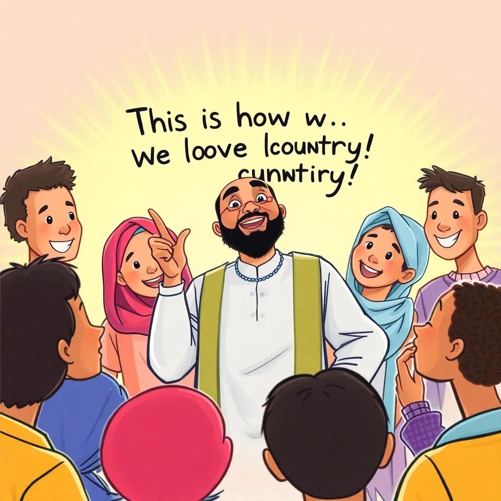 Nasir saying, "This is how we love our country!" surrounded by happy friends, creating a sense of community and pride, bright and optimistic atmosphere
