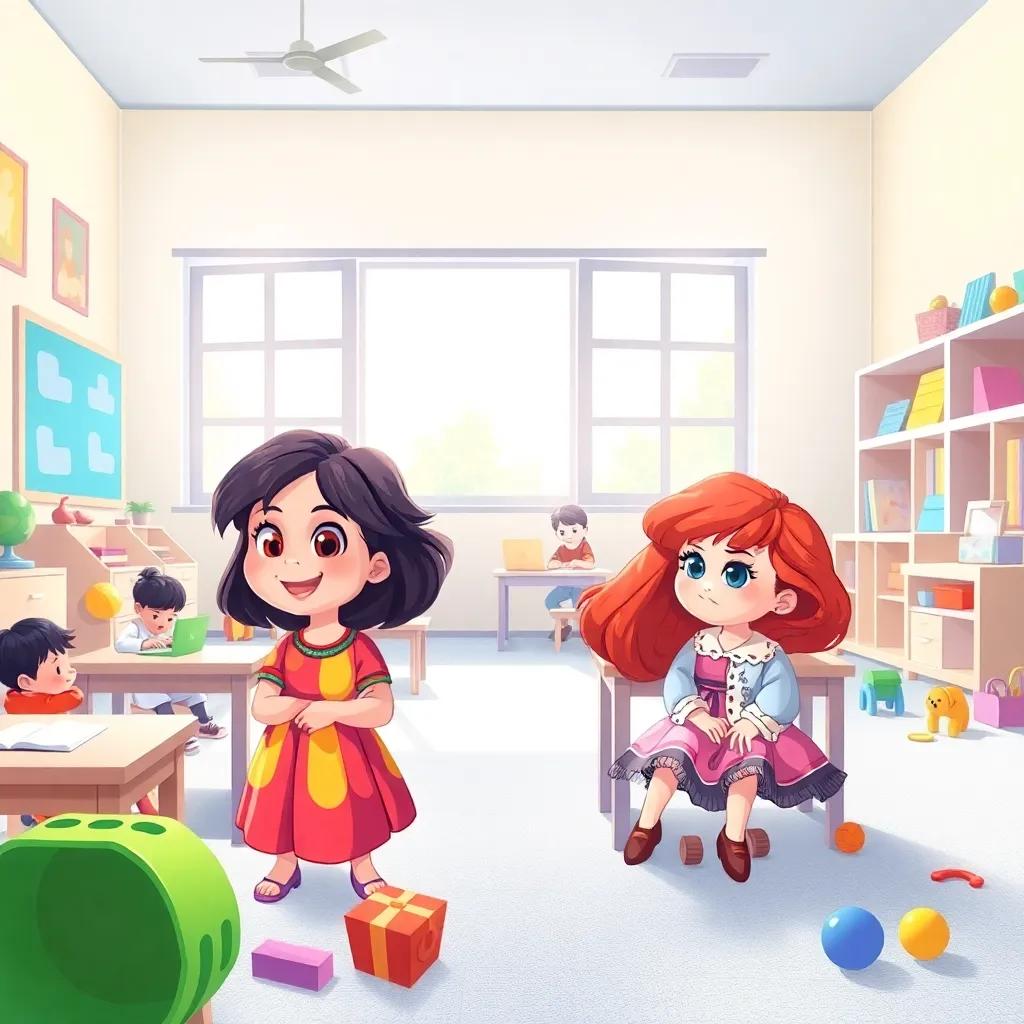 A cheerful classroom with children playing, a young girl named Shamsa with dark hair wearing a colorful dress, a girl named Lily with red hair and blue eyes sitting shyly, light streaming through the windows, children's toys scattered, bright and inviting atmosphere, digital art, vibrant colors, happy mood, high quality