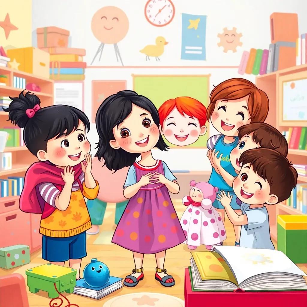 A group of children including Shamsa, a young girl with dark hair in a colorful dress, cheering around Lily, a girl with red hair and blue eyes, all smiling, a happy classroom filled with toys and books, warmth and joy surrounding them, illustration, cheerful colors, friendship theme, child-friendly