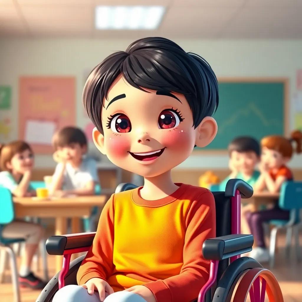 A cheerful girl, شمس, with short, dark hair and sparkling eyes, in a colorful wheelchair, smiling in a bright classroom with friends laughing and playing, digital art, vibrant colors, warm light, joyful atmosphere, high quality.