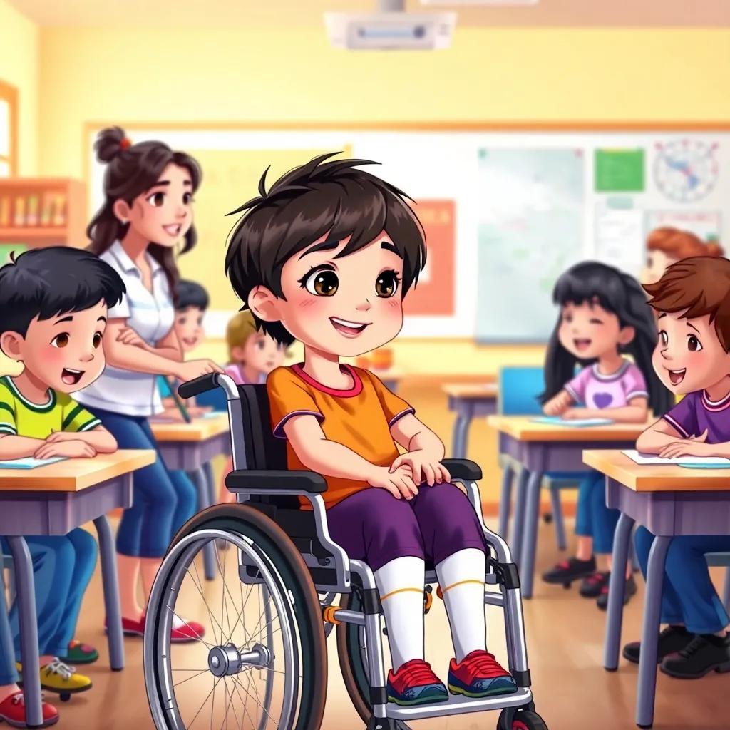 A strong girl, شمس, with short, dark hair in a colorful wheelchair, talking to her supportive teacher in a bright classroom surrounded by students eagerly participating in activities together, illustration, encouraging, inclusive environment, high quality.