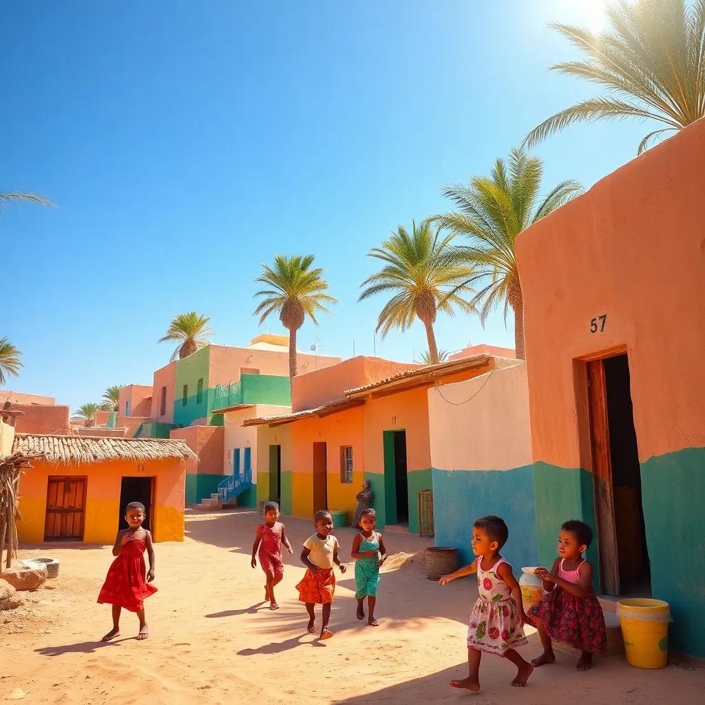 A small village in Libya, children playing and laughing, bright sunny day, colorful houses, palm trees swaying in the breeze, digital art, vibrant colors, warm atmosphere, cheerful