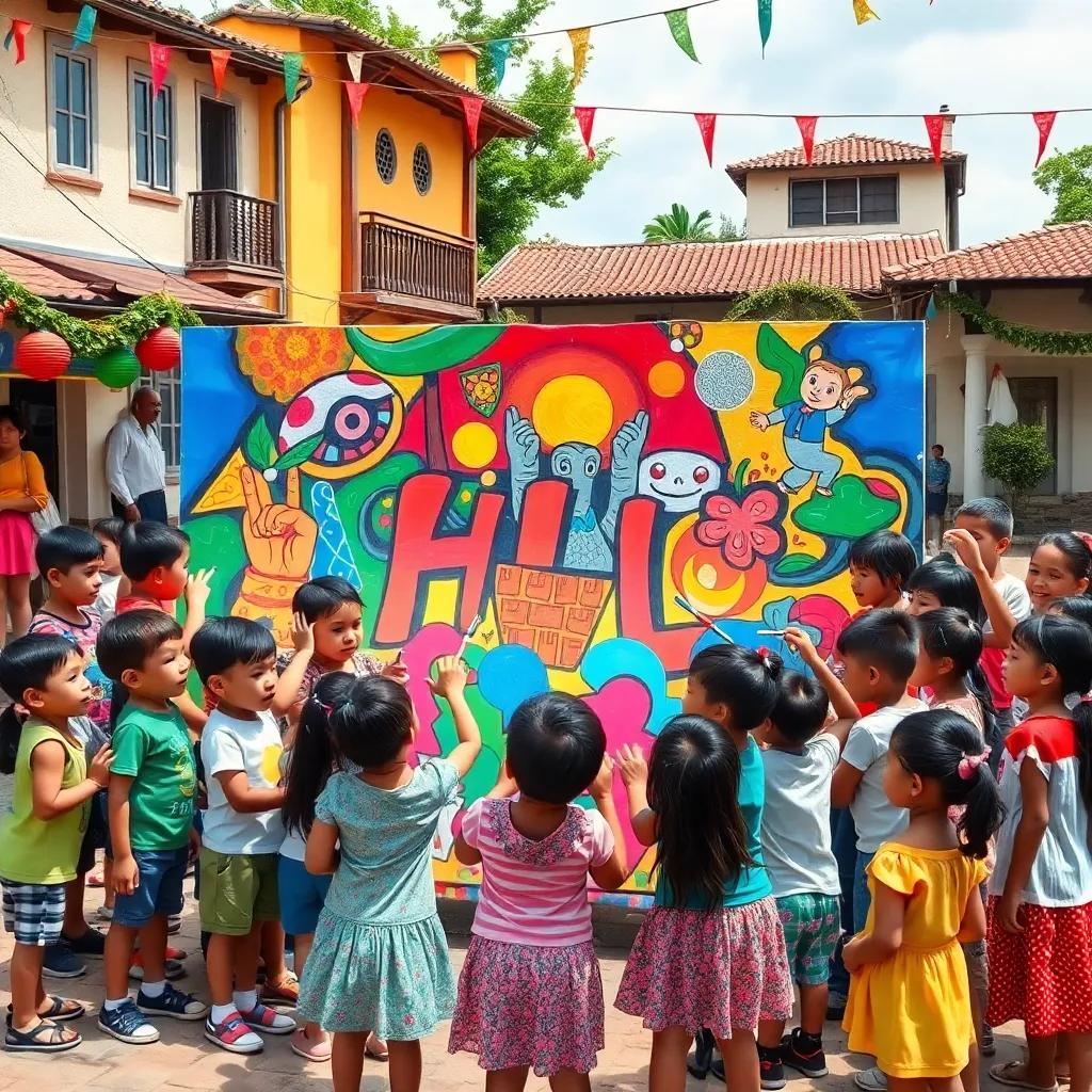 Children gathered around a large colorful mural in a village square, painting and celebrating, bright colors and joyful expressions, festive decorations, illustration, lively, community spirit