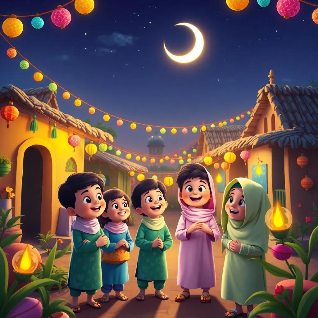 A joyful celebration in a small village during Ramadan with children looking at the crescent moon, colorful decorations, warm night sky, cheerful atmosphere, digital art, inviting, friendly, high quality